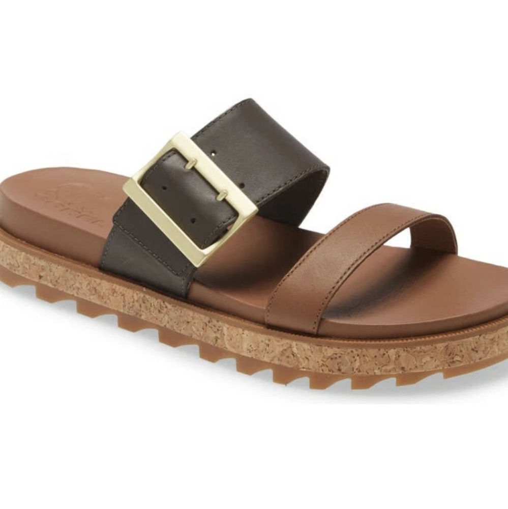 Sorel Two-Strap Cork Platform Sandals in Brown and Dark Brown with Gold Buckle